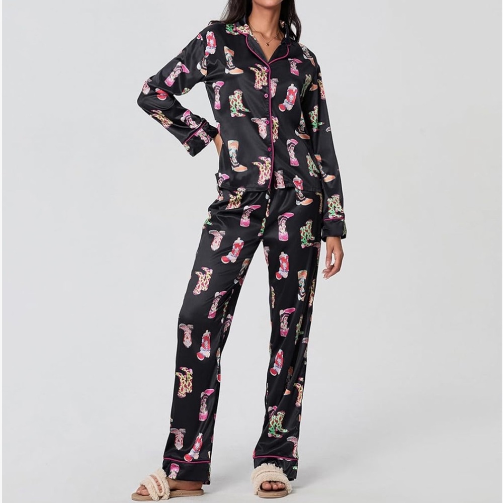 Amazon Black Pajama Set with Colorful Cowboy Boot Print - Picture 2 of 8